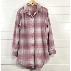 Dylan Anthropologie Womens Plaid Fleece Shirt Jacket Shacket sz S Pink Oversized